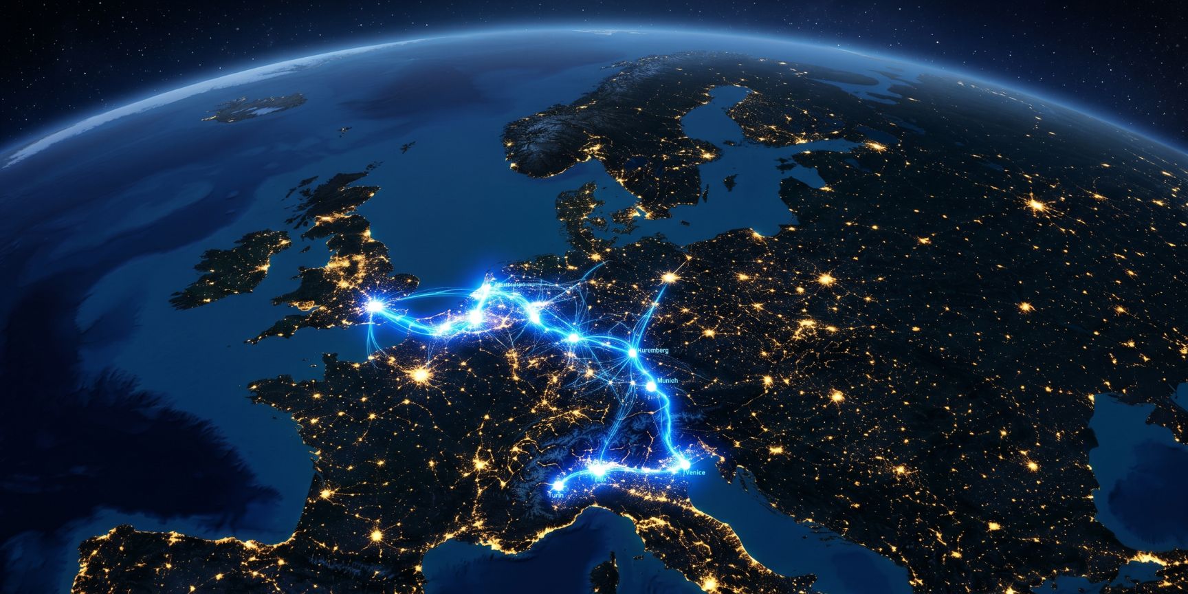 Stylized night view of Europe with a bright blue crescent-shaped logistics corridor (Blue Banana) and networked light beams as hubs
